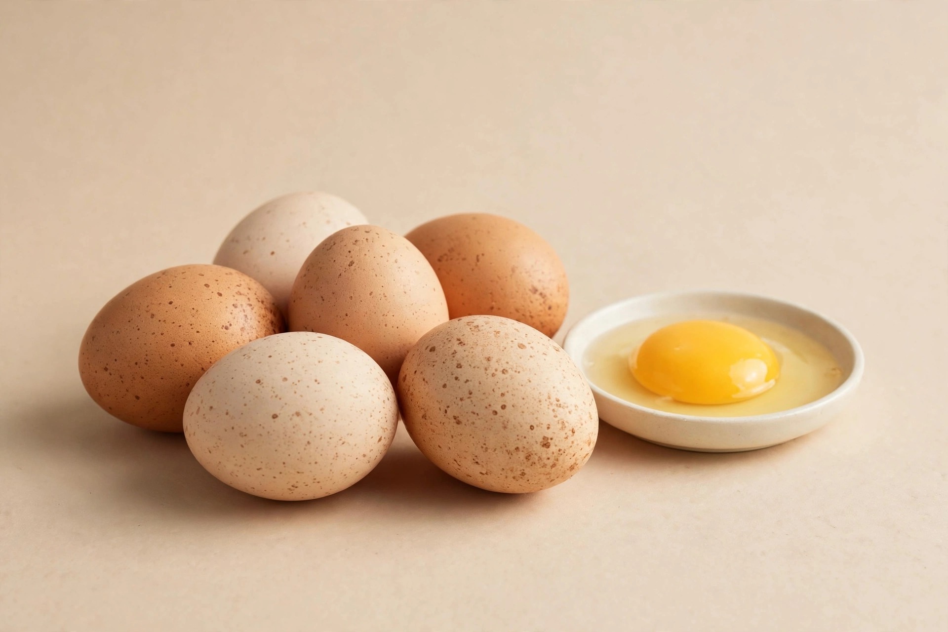 Speckled eggs beside a cracked egg in a cream dish